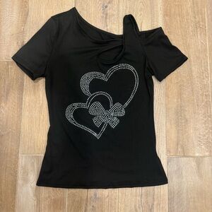 Black Short Sleeve Top with Rhinestone Heart Design